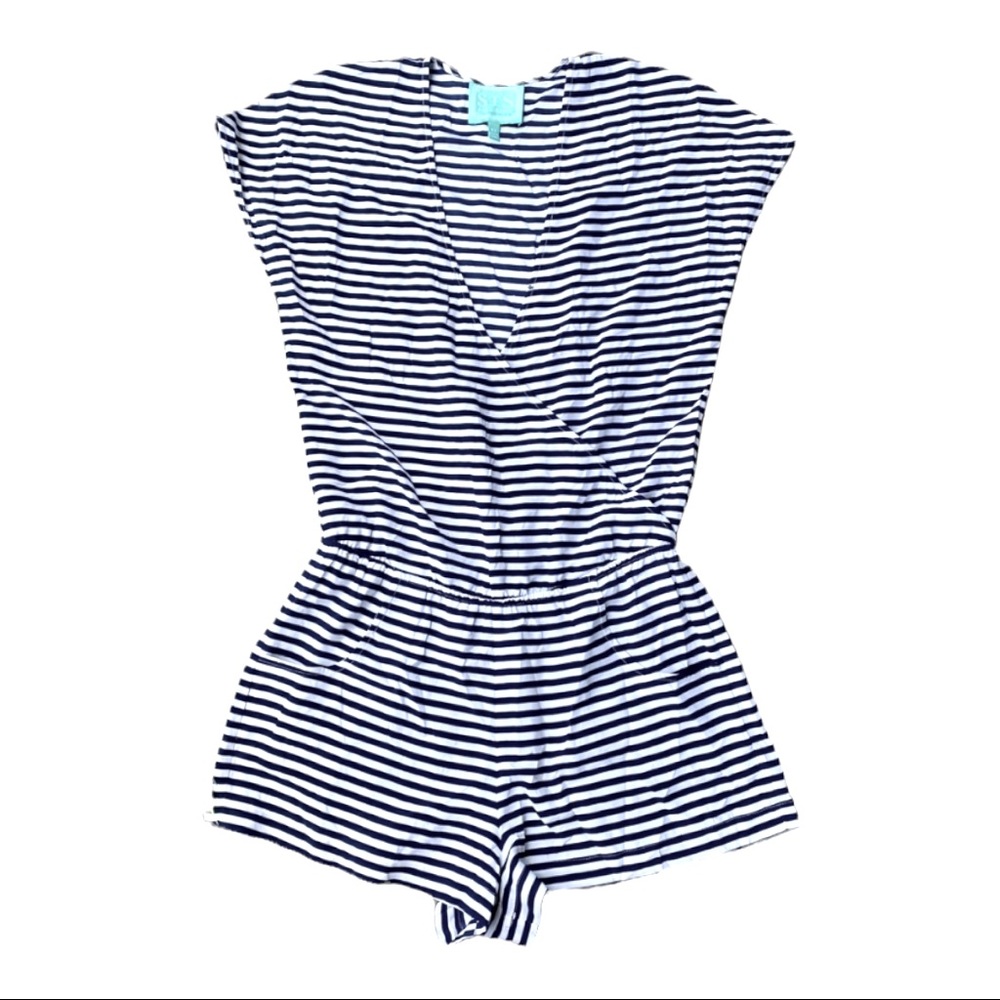 Sail to Sable Striped Silk Romper Navy Blue White Lightweight Size Medium